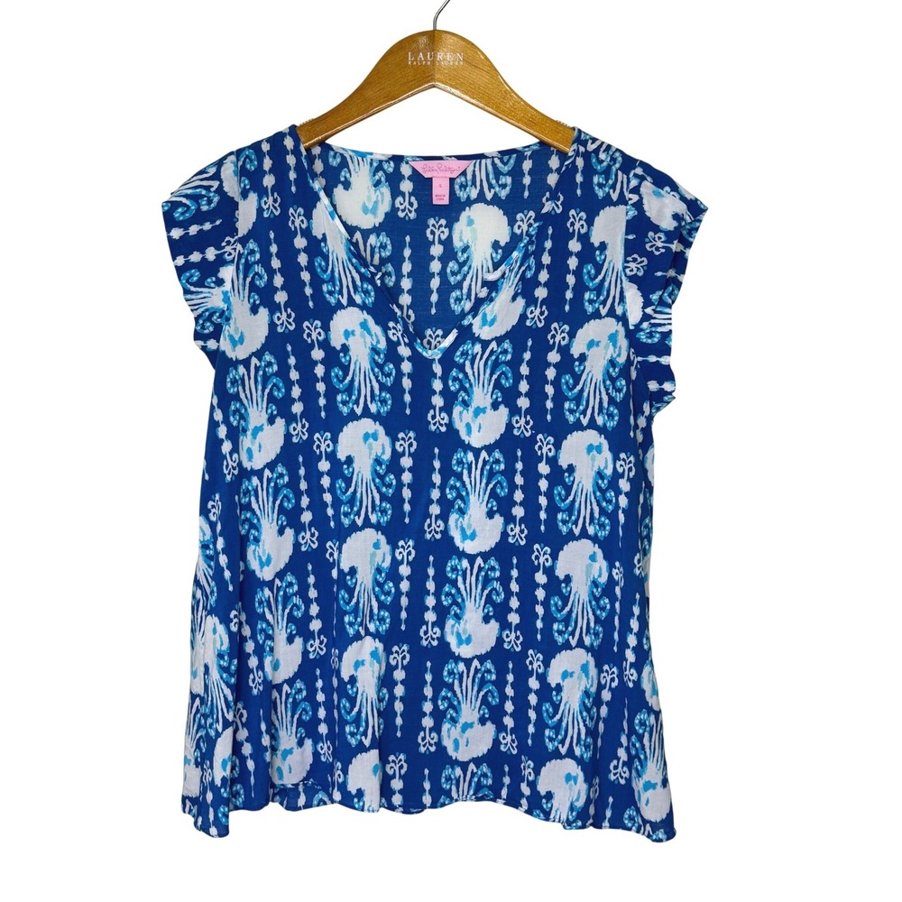 Lilly Pulitzer Shelley Get in Line Indigo Jellyfish Short Sleeve Top‎ Small